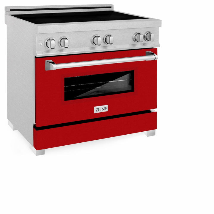 ZLINE 36 in. 4.6 cu. ft. Legacy Induction Range with 5 Element Cooktop and Electric Oven in Satin Stainless Steel and Red Gloss Door, Open Box-Excellent Condition