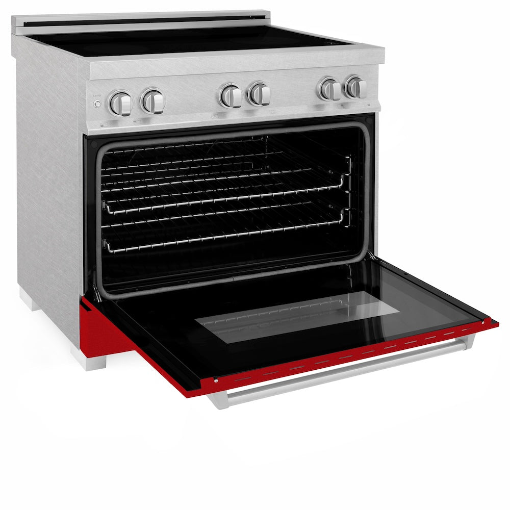 ZLINE 36 in. 4.6 cu. ft. Legacy Induction Range with 5 Element Cooktop and Electric Oven in Satin Stainless Steel and Red Gloss Door, Open Box-Excellent Condition