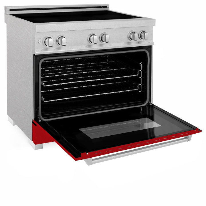 ZLINE 36 in. 4.6 cu. ft. Legacy Induction Range with 5 Element Cooktop and Electric Oven in Satin Stainless Steel and Red Gloss Door, Open Box-Excellent Condition