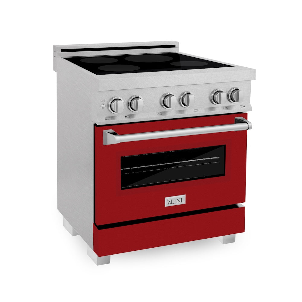 ZLINE 30 in. 4.0 cu. ft. Legacy Induction Range with 4 Element Cooktop and Electric Oven in Satin Stainless Steel and Red Gloss Door, Open Box-Excellent Condition