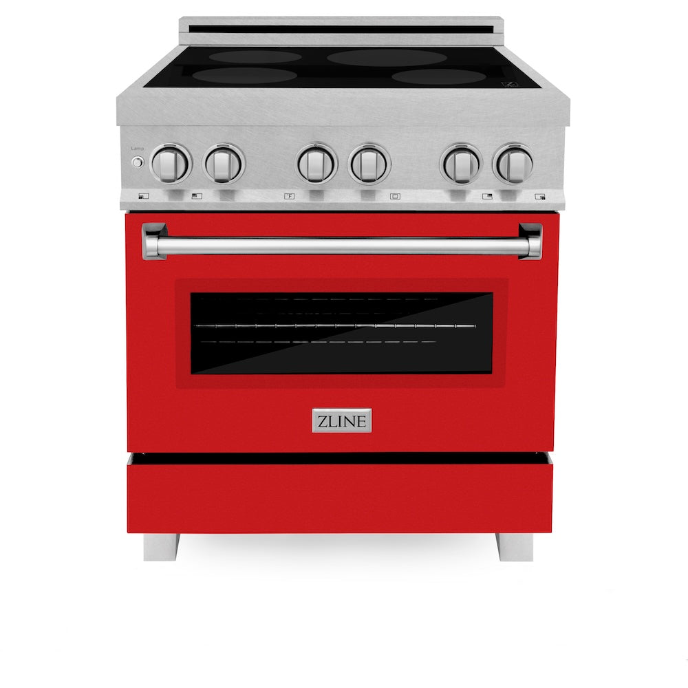 ZLINE 30 in. 4.0 cu. ft. Legacy Induction Range with 4 Element Cooktop and Electric Oven in Satin Stainless Steel and Red Matte Door, Open Box-Excellent Condition