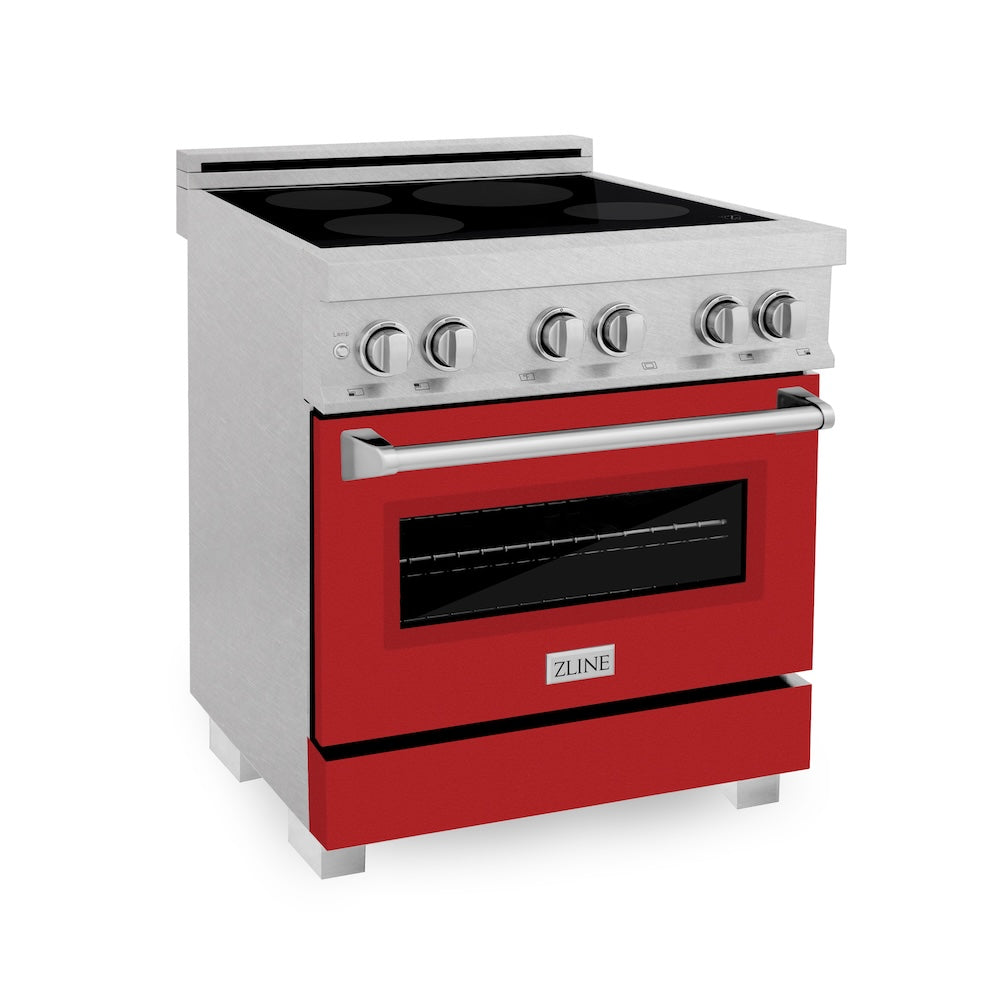 ZLINE 30 in. 4.0 cu. ft. Legacy Induction Range with 4 Element Cooktop and Electric Oven in Satin Stainless Steel and Red Matte Door, Open Box-Excellent Condition