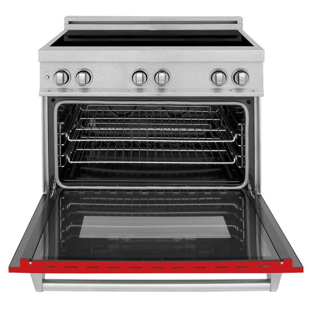 ZLINE 36 in. 4.6 cu. ft. Legacy Induction Range with 5 Element Cooktop and Electric Oven in Satin Stainless Steel and Red Matte Door, Open Box-Excellent Condition