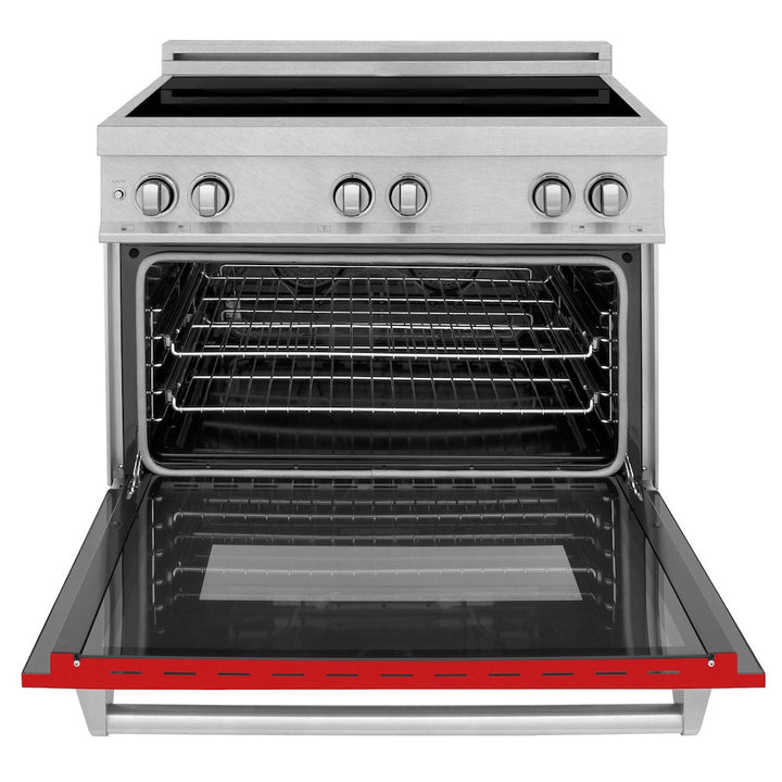 ZLINE 36 in. 4.6 cu. ft. Legacy Induction Range with 5 Element Cooktop and Electric Oven in Satin Stainless Steel and Red Matte Door, Open Box-Excellent Condition