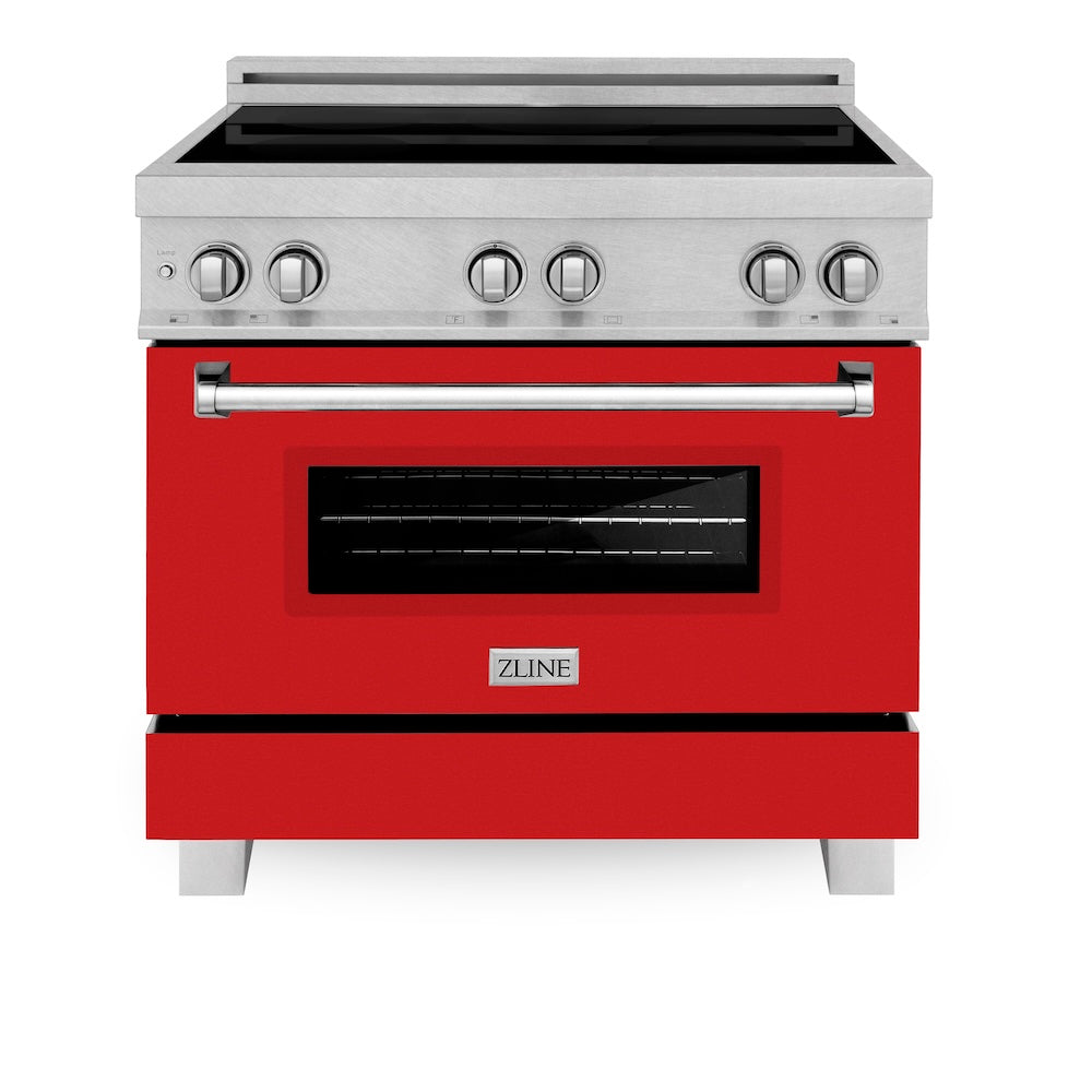 ZLINE 36 in. 4.6 cu. ft. Legacy Induction Range with 5 Element Cooktop and Electric Oven in Satin Stainless Steel and Red Matte Door, Open Box-Excellent Condition