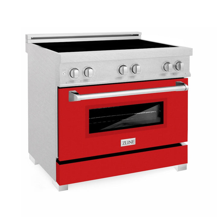 ZLINE 36 in. 4.6 cu. ft. Legacy Induction Range with 5 Element Cooktop and Electric Oven in Satin Stainless Steel and Red Matte Door, Open Box-Excellent Condition