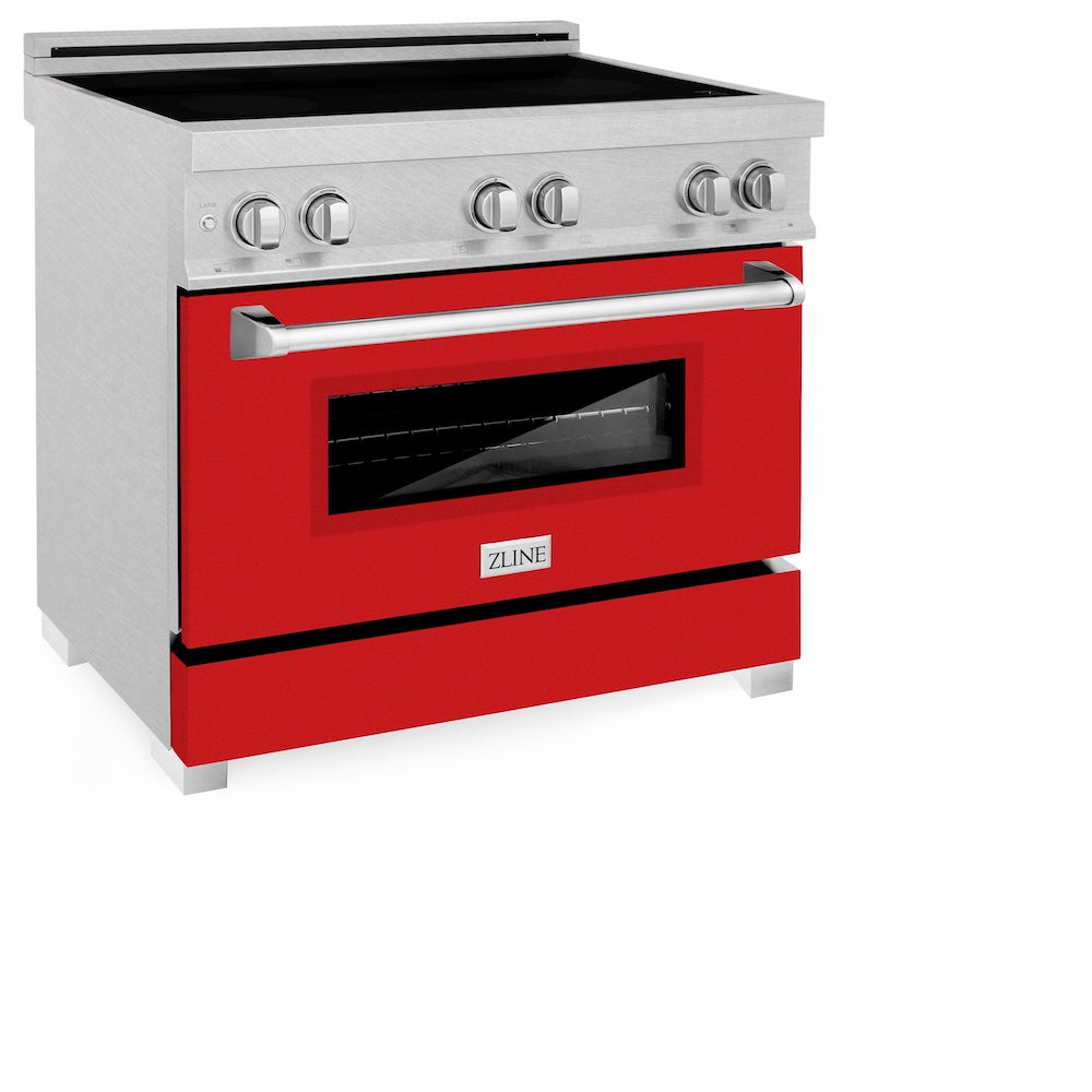 ZLINE 36 in. 4.6 cu. ft. Legacy Induction Range with 5 Element Cooktop and Electric Oven in Satin Stainless Steel and Red Matte Door, Open Box-Excellent Condition