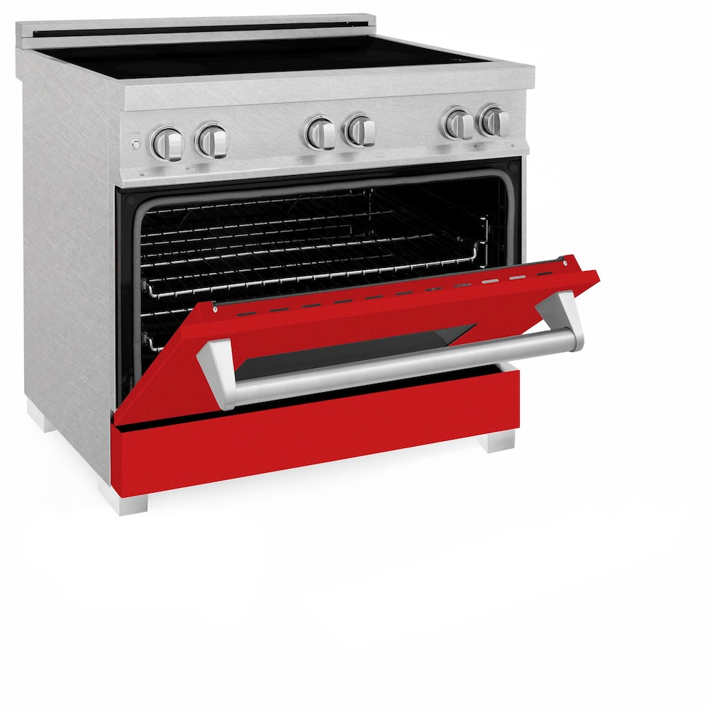ZLINE 36 in. 4.6 cu. ft. Legacy Induction Range with 5 Element Cooktop and Electric Oven in Satin Stainless Steel and Red Matte Door, Open Box-Excellent Condition