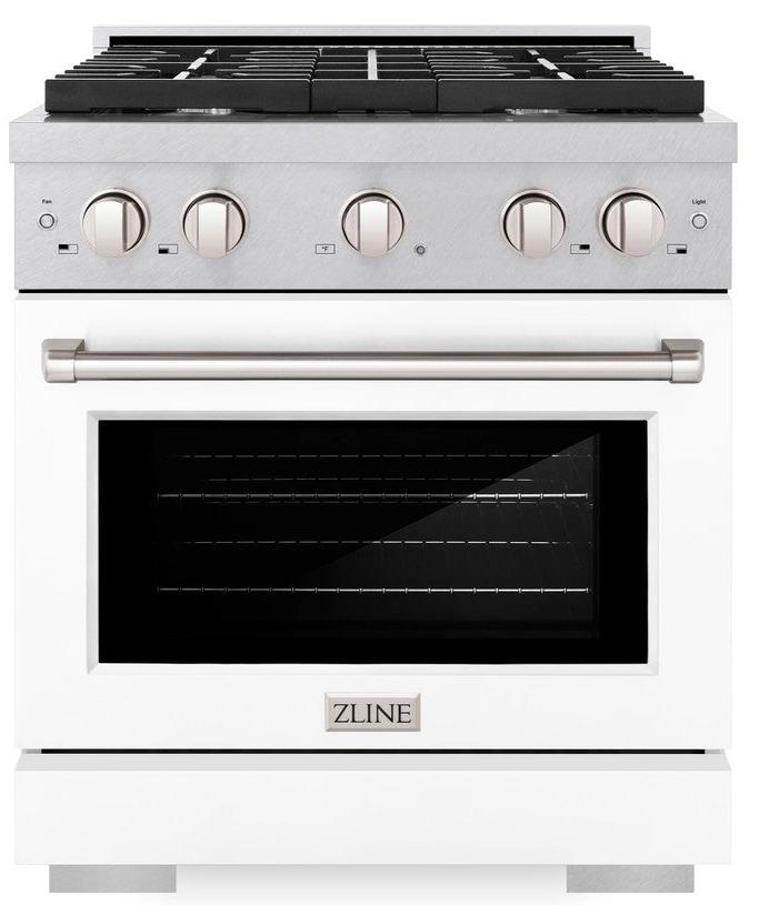 ZLINE 30" 4.2 cu. ft. Paramount Dual Fuel Range with 4 Burners in DuraSnow® Stainless Steel with White Matte Door, SDRS-WM-30