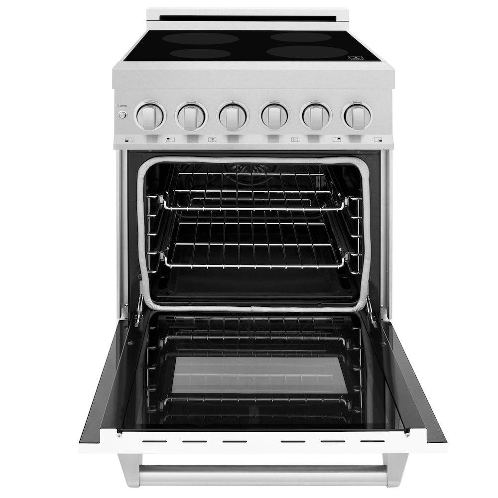 ZLINE 24 in. 2.8 cu. ft. Legacy Induction Range with 4 Element Cooktop and Electric Oven in Satin Stainless Steel and White Matte Door, Open Box-Excellent Condition