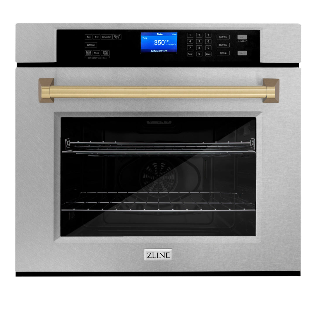 ZLINE 30" Autograph Single Wall Oven with Air Fry and Self-Clean in DuraSnow® Stainless Steel and Champagne Bronze Handle, WASSZ-30-CB