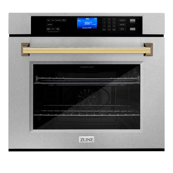 ZLINE 30" Autograph Single Wall Oven with Air Fry and Self-Clean in DuraSnow® Stainless Steel and Gold Handle, WASSZ-30-G