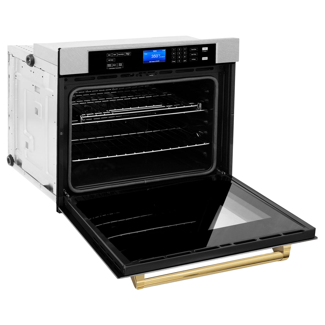 ZLINE 30" Autograph Single Wall Oven with Air Fry and Self-Clean in DuraSnow® Stainless Steel and Gold Handle, WASSZ-30-G