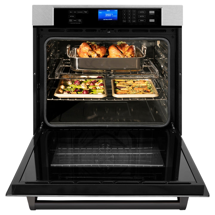 ZLINE 30" Autograph Single Wall Oven with Air Fry and Self-Clean in DuraSnow® Stainless Steel and Black Matte Handle, WASSZ-30-MB