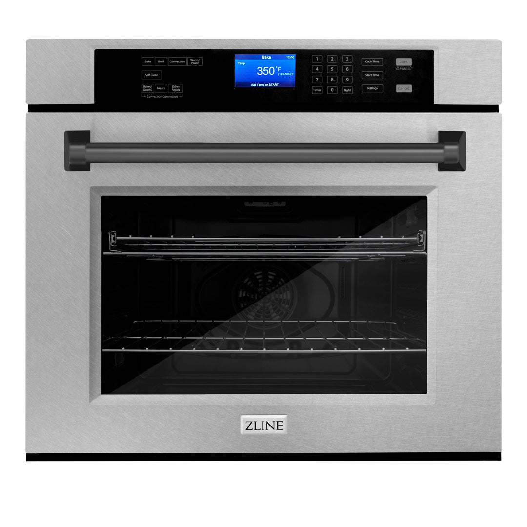 ZLINE 30" Autograph Single Wall Oven with Air Fry and Self-Clean in DuraSnow® Stainless Steel and Black Matte Handle, WASSZ-30-MB