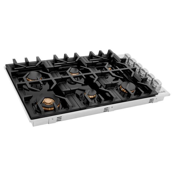 ZLINE 36 in. Dropin Cooktop with 6 Gas Burners and Black Porcelain Top and Brass Burners, RC-BR-36-PBT