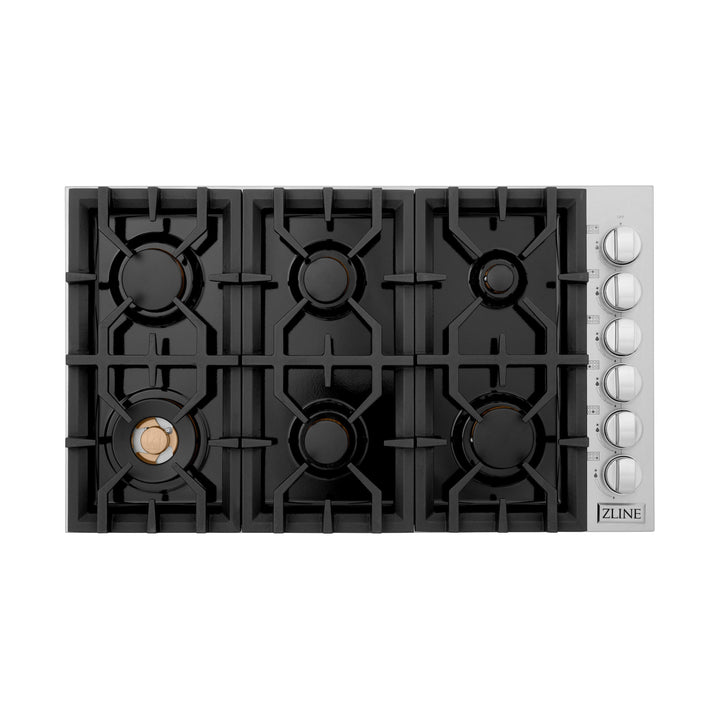 ZLINE 36 in. Dropin Cooktop with 6 Gas Burners and Black Porcelain Top and Brass Burners, RC-BR-36-PBT