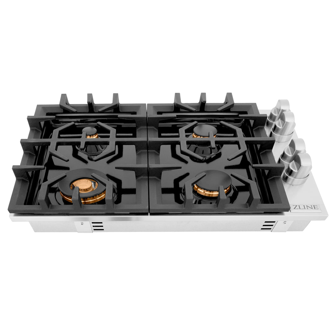 ZLINE 30 in. Dropin Cooktop with 4 Gas Brass Burners and Black Porcelain Top, RC-BR-30-PBT