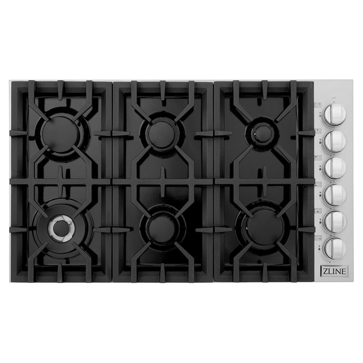 ZLINE 36 in. Dropin Cooktop with 6 Gas Burners and Black Porcelain Top, RC36-PBT