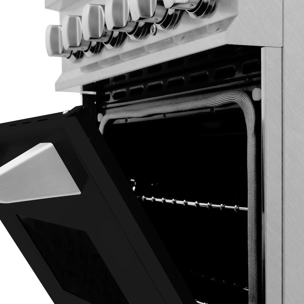 ZLINE 24 in. 2.8 cu. ft. Legacy Dual Fuel Range with 4 Burner Gas Cooktop and Electric Convection Oven in Satin Stainless Steel and Black Matte Door (RAS-BLM-24)