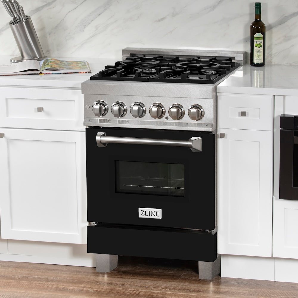 ZLINE 24 in. 2.8 cu. ft. Legacy Dual Fuel Range with 4 Burner Gas Cooktop and Electric Convection Oven in Satin Stainless Steel and Black Matte Door (RAS-BLM-24)