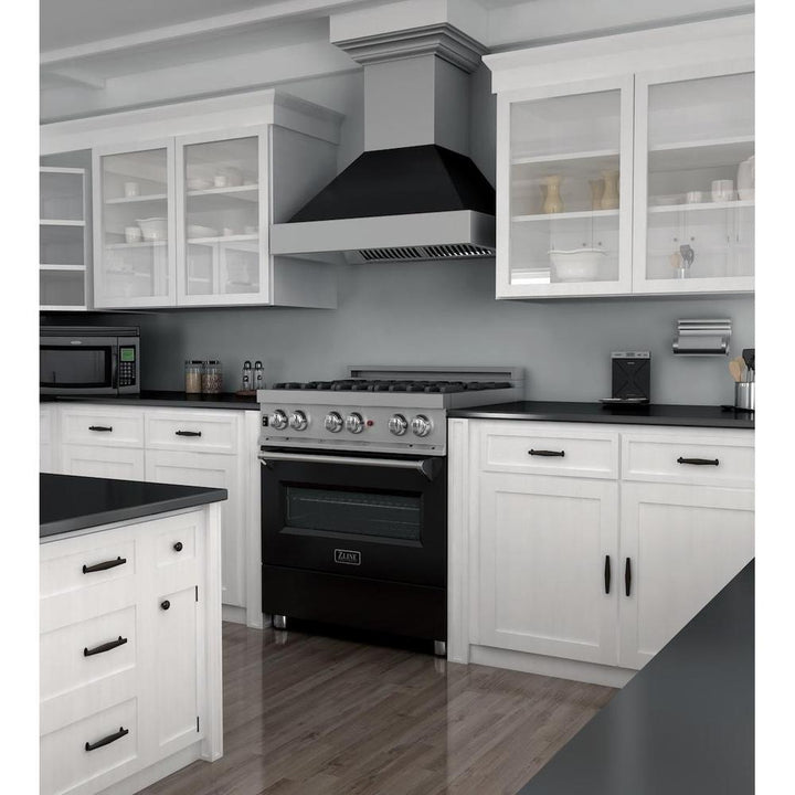 ZLINE 30 in. 4.0 cu. ft. Legacy Dual Fuel Range with 4 Burner Gas Cooktop and Electric Convection Oven in Satin Stainless Steel and Black Matte Door (RAS-BLM-30)