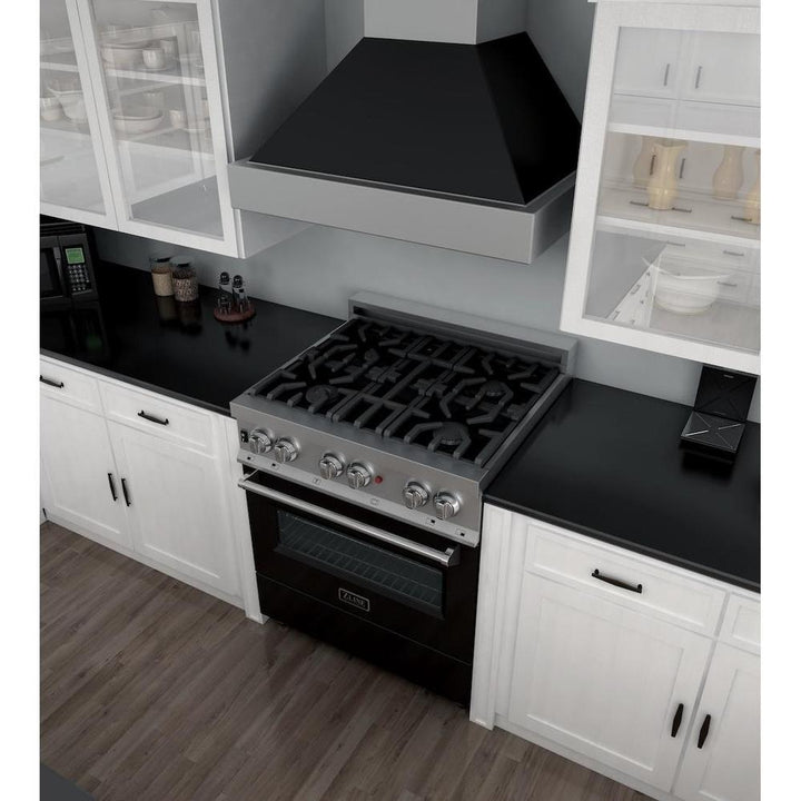 ZLINE 30 in. 4.0 cu. ft. Legacy Dual Fuel Range with 4 Burner Gas Cooktop and Electric Convection Oven in Satin Stainless Steel and Black Matte Door (RAS-BLM-30)