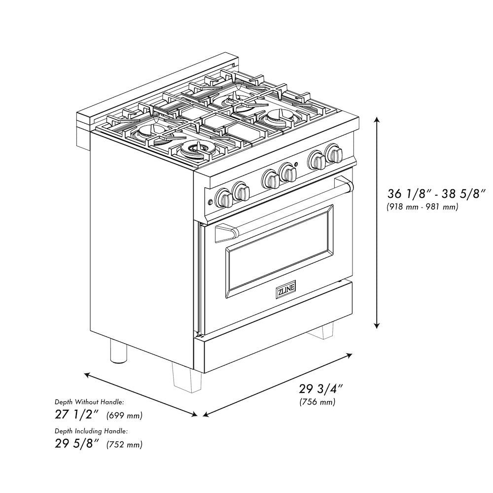 ZLINE 30 in. 4.0 cu. ft. Legacy Dual Fuel Range with 4 Burner Gas Cooktop and Electric Convection Oven in Satin Stainless Steel and Black Matte Door (RAS-BLM-30)