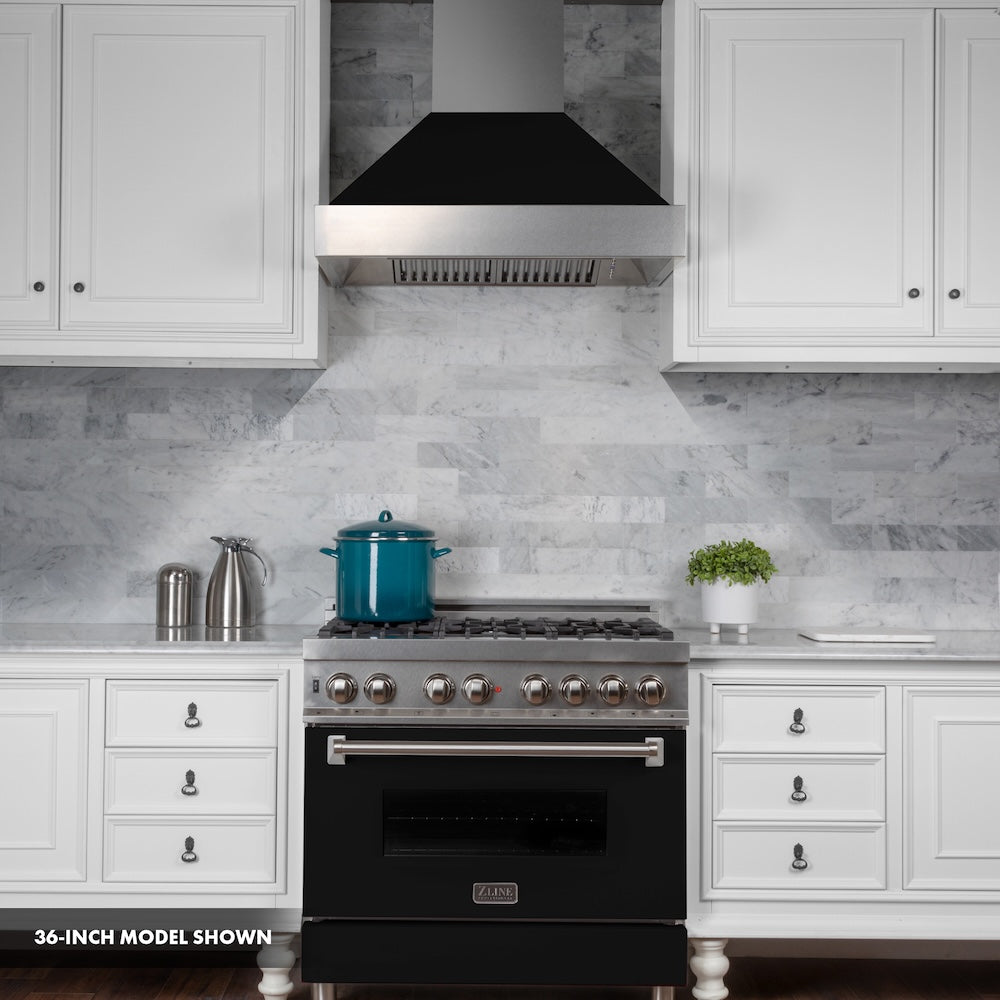 ZLINE 30 in. 4.0 cu. ft. Legacy Dual Fuel Range with 4 Burner Gas Cooktop and Electric Convection Oven in Satin Stainless Steel and Black Matte Door (RAS-BLM-30)