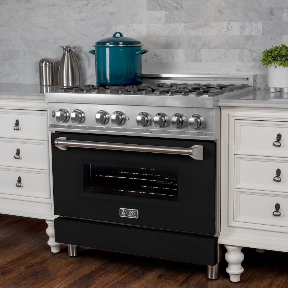 ZLINE 30 in. 4.0 cu. ft. Legacy Dual Fuel Range with 4 Burner Gas Cooktop and Electric Convection Oven in Satin Stainless Steel and Black Matte Door (RAS-BLM-30)