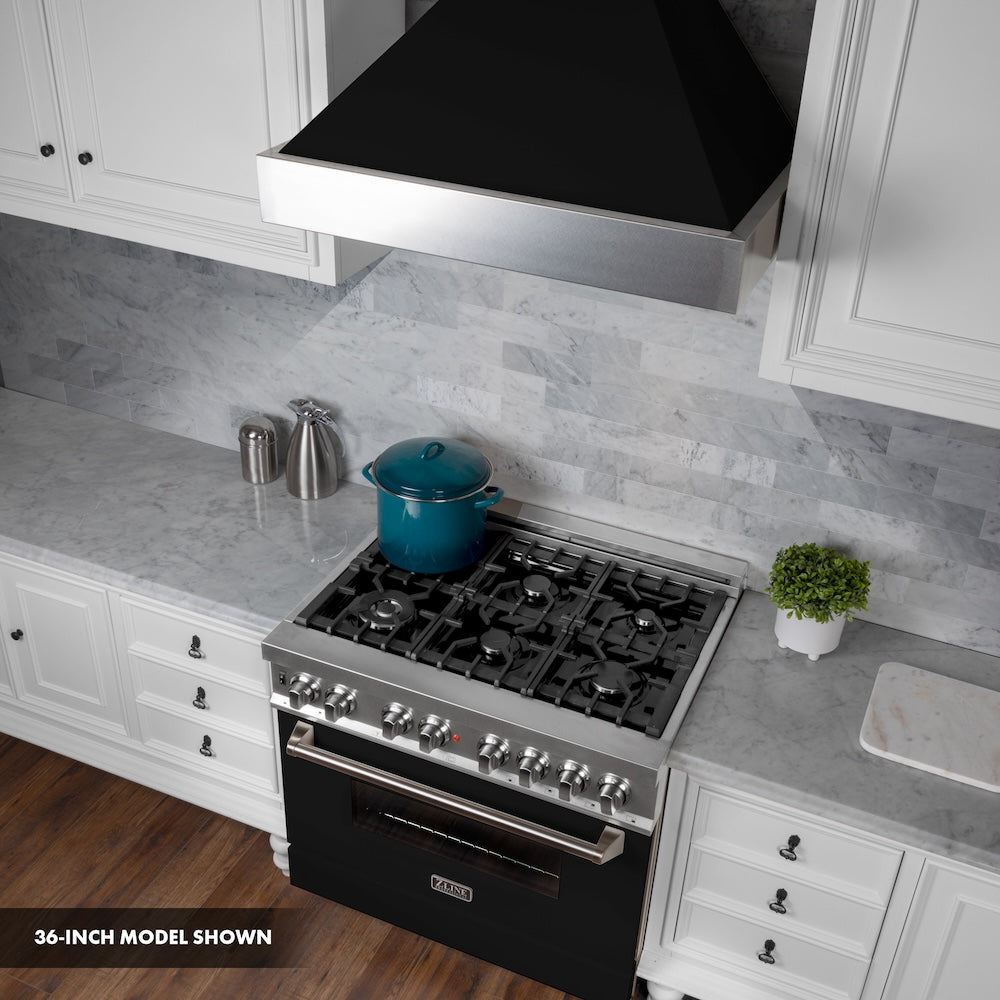 ZLINE 30 in. 4.0 cu. ft. Legacy Dual Fuel Range with 4 Burner Gas Cooktop and Electric Convection Oven in Satin Stainless Steel and Black Matte Door (RAS-BLM-30)