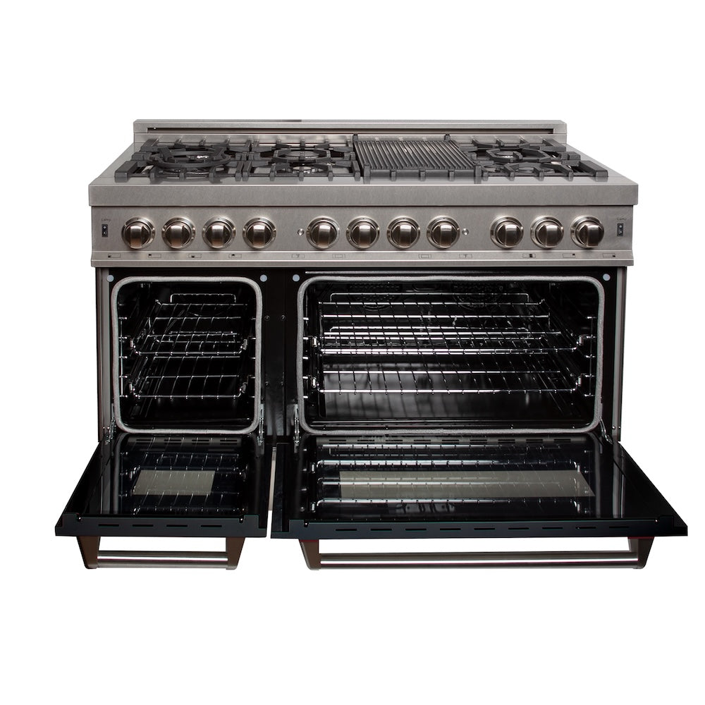 ZLINE 48 in. 6.0 cu. ft. Legacy Dual Fuel Range with 7 Burner Gas Cooktop and 2 Electric Ovens in Satin Stainless Steel and Black Matte Doors (RAS-BLM-48)