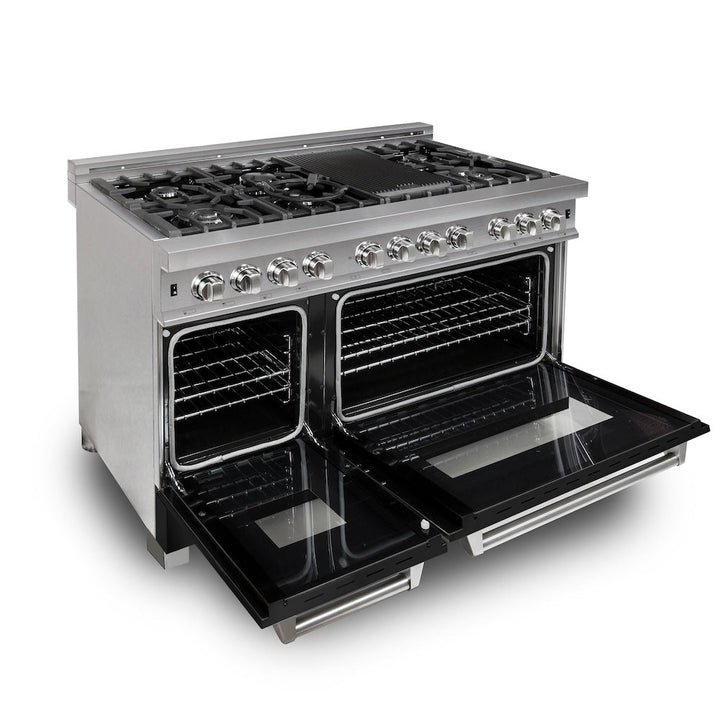 ZLINE 48 in. 6.0 cu. ft. Legacy Dual Fuel Range with 7 Burner Gas Cooktop and 2 Electric Ovens in Satin Stainless Steel and Black Matte Doors (RAS-BLM-48)