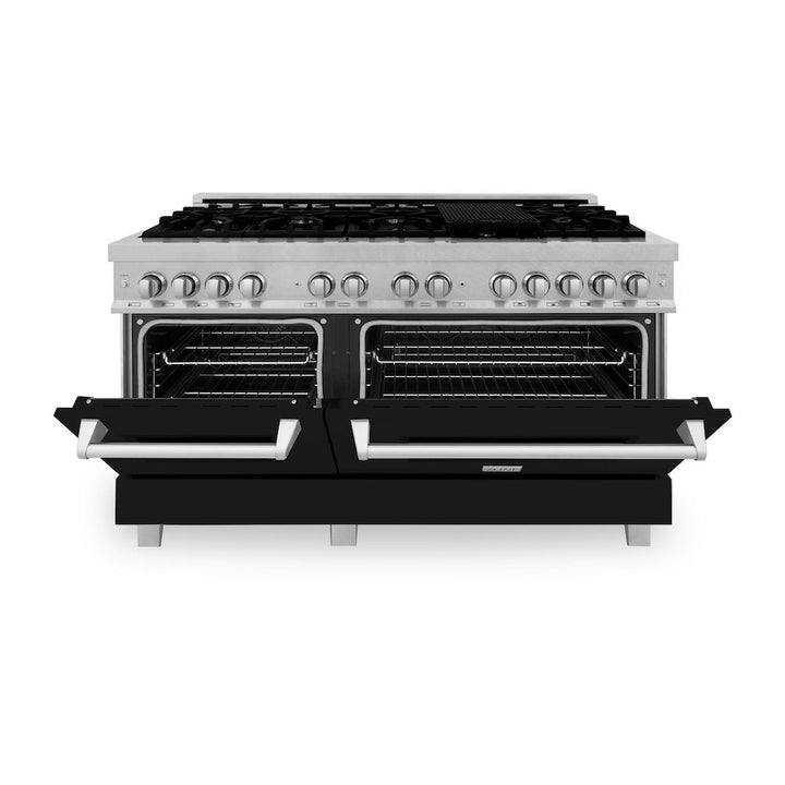 ZLINE 60 in. 7.4 cu. ft. Legacy Dual Fuel Range with 9 Burner Gas Cooktop and 2 Electric Convection Ovens in Satin Stainless Steel and Black Matte Doors (RAS-BLM-60)