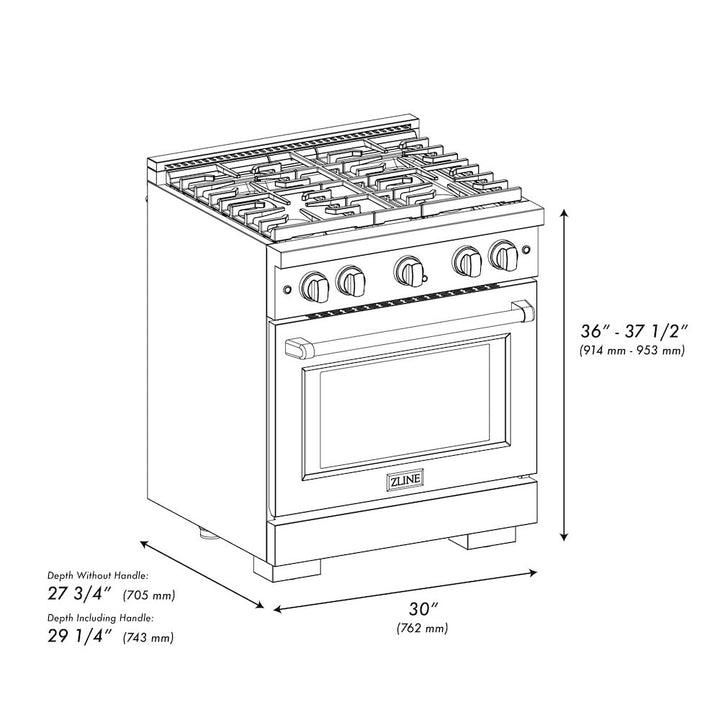 ZLINE 30 in. 4.2 cu. ft. Paramount Dual Fuel Range with 4 Burner Gas Cooktop and Electric Convection Oven in Satin Stainless Steel with Black Matte Door (SDRS-BLM-30)
