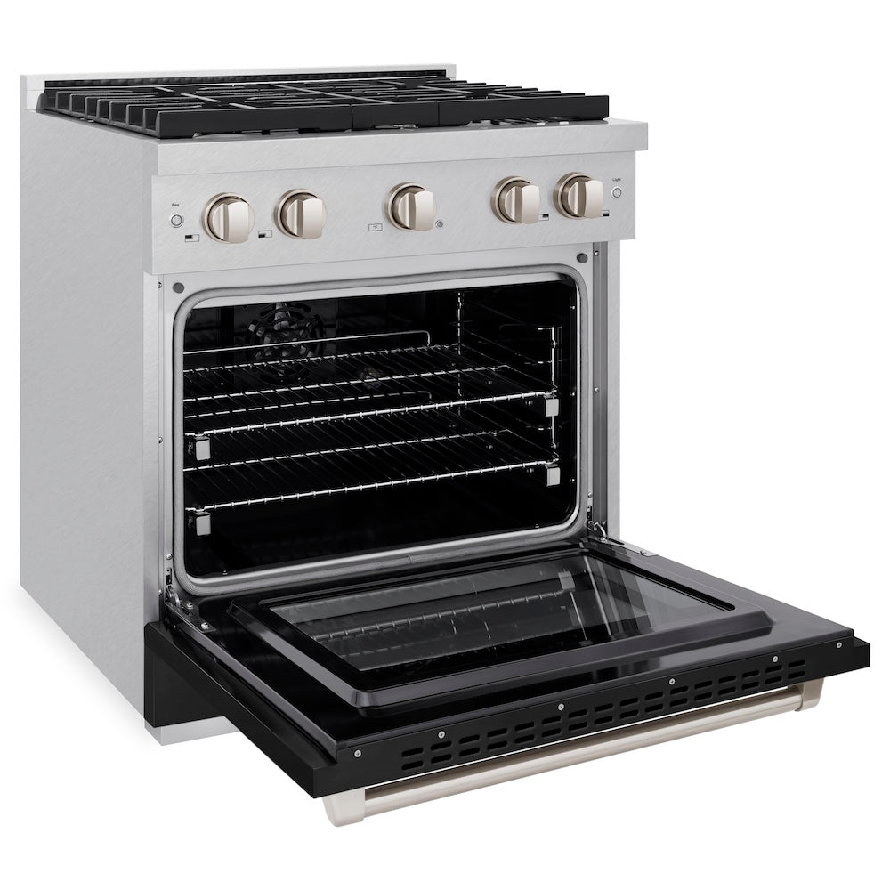 ZLINE 30 in. 4.2 cu. ft. Paramount Dual Fuel Range with 4 Burner Gas Cooktop and Electric Convection Oven in Satin Stainless Steel with Black Matte Door (SDRS-BLM-30)
