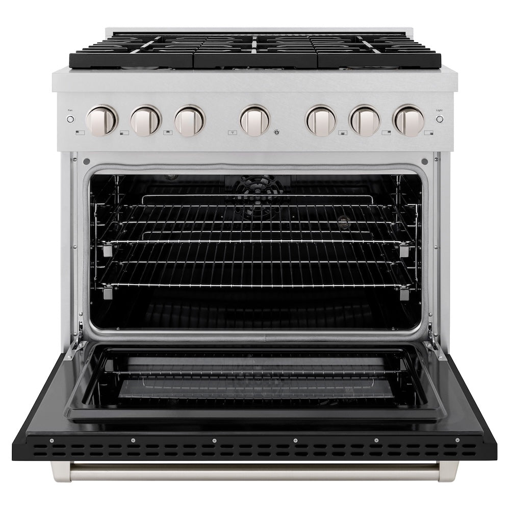 ZLINE 36 in. 5.2 cu. ft. Paramount Dual Fuel Range with 6 Burner Gas Cooktop and Electric Convection Oven in Satin Stainless Steel with Black Matte Door (SDRS-BLM-36)