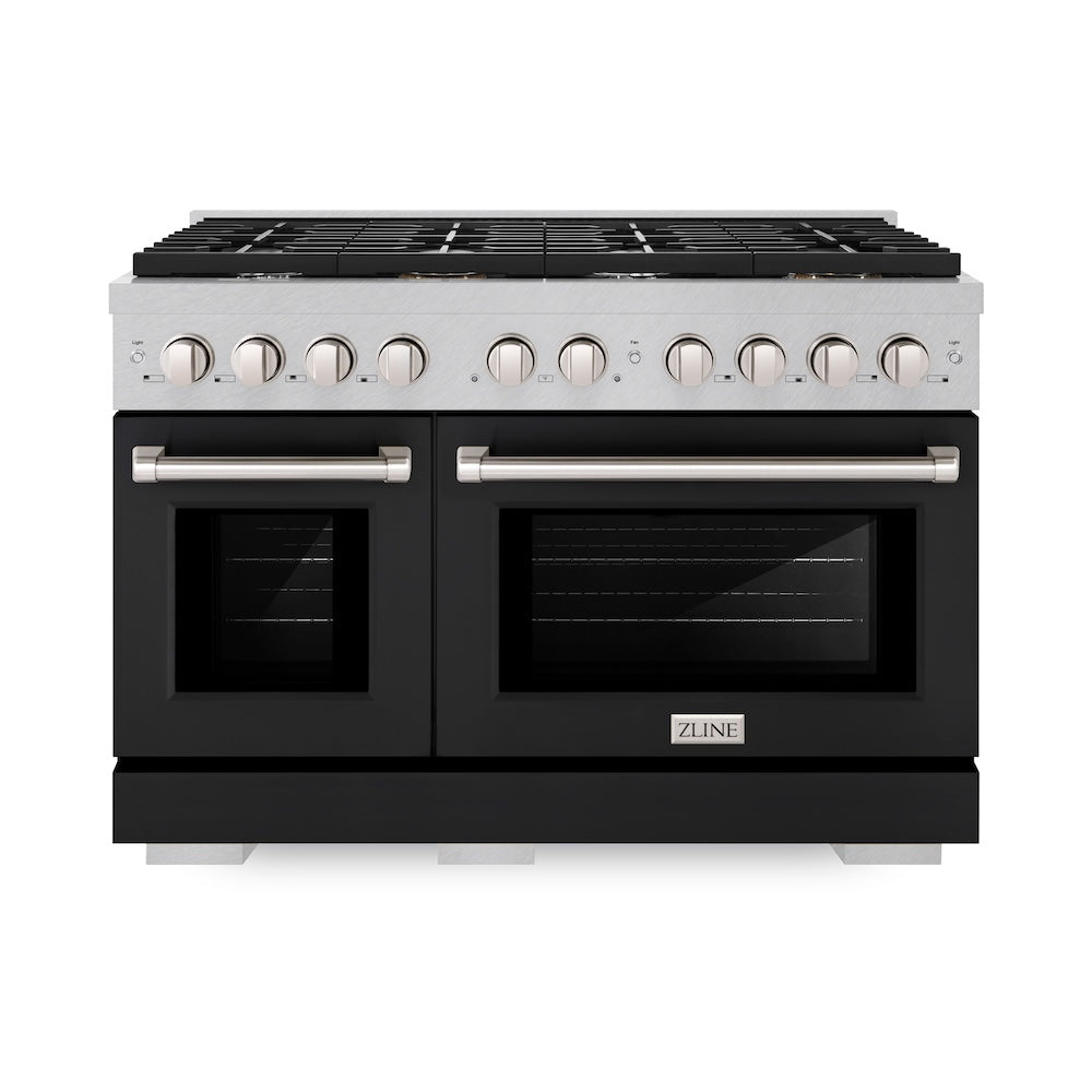ZLINE 48 in. 6.7 cu. ft. Paramount Double Oven Dual Fuel Range with 8 Burner Gas Cooktop in Satin Stainless Steel with Black Matte Doors (SDRS-BLM-48)
