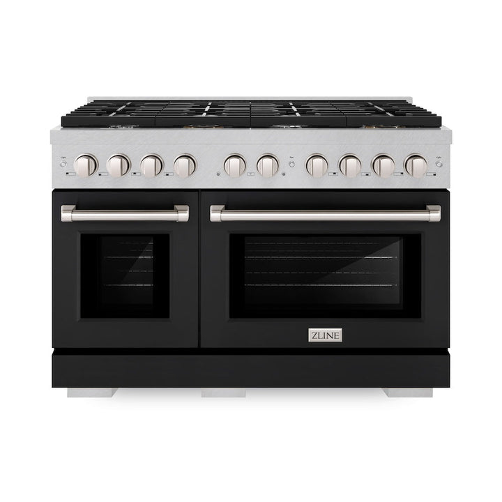 ZLINE 48 in. 6.7 cu. ft. Paramount Double Oven Dual Fuel Range with 8 Burner Gas Cooktop in Satin Stainless Steel with Black Matte Doors (SDRS-BLM-48)