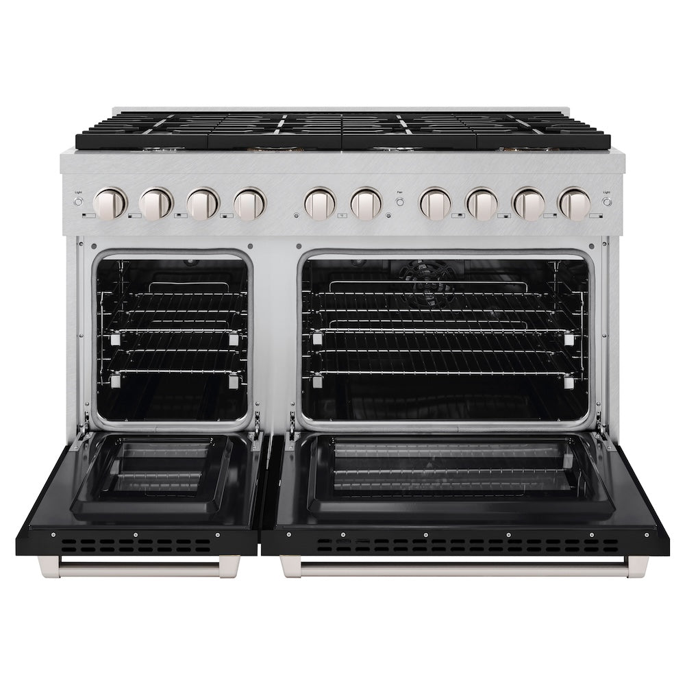 ZLINE 48 in. 6.7 cu. ft. Paramount Double Oven Dual Fuel Range with 8 Burner Gas Cooktop in Satin Stainless Steel with Black Matte Doors (SDRS-BLM-48)