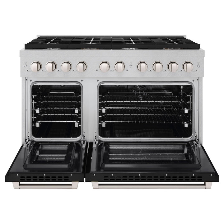 ZLINE 48 in. 6.7 cu. ft. Paramount Double Oven Dual Fuel Range with 8 Burner Gas Cooktop in Satin Stainless Steel with Black Matte Doors (SDRS-BLM-48)