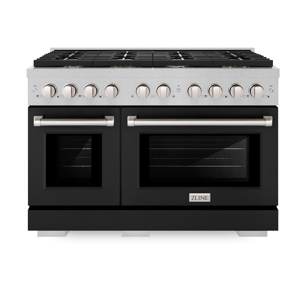 ZLINE 48 in. 6.7 cu. ft. Paramount Double Oven Dual Fuel Range with 8 Burner Gas Cooktop in Satin Stainless Steel with Black Matte Doors (SDRS-BLM-48)