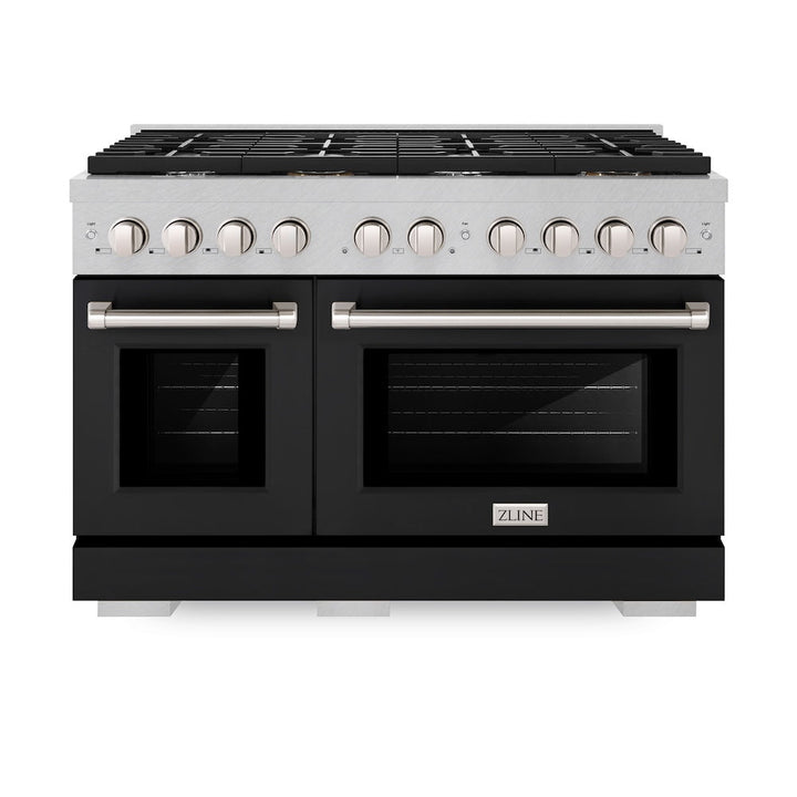 ZLINE 48 in. 6.7 cu. ft. Paramount Double Oven Dual Fuel Range with 8 Burner Gas Cooktop in Satin Stainless Steel with Black Matte Doors (SDRS-BLM-48)