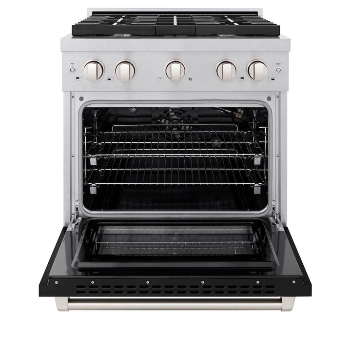 ZLINE 30 in. 4.2 cu. ft. Paramount Gas Range with 4 Burner Cooktop and Convection Gas Oven in Satin Stainless Steel with Black Matte Door (SGRS-BLM-30)