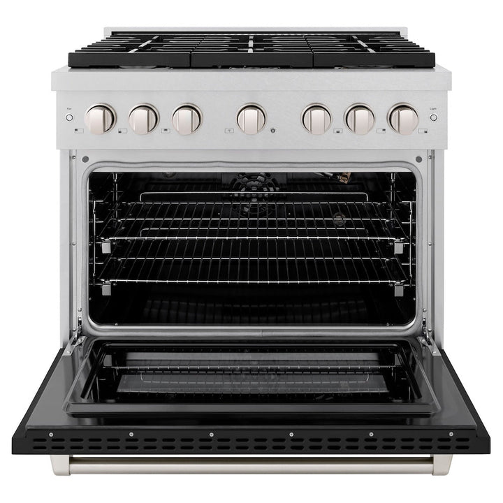 ZLINE 36 in. 5.2 cu. ft. Paramount Gas Range with 6 Burner Cooktop and Convection Gas Oven in Satin Stainless Steel with Black Matte Door (SGRS-BLM-36)