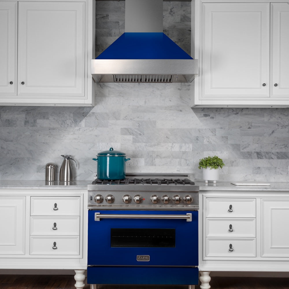 ZLINE 30 in. 4.0 cu. ft. Legacy Dual Fuel Range with 4 Burner Gas Cooktop and Electric Convection Oven in Satin Stainless Steel and Blue Gloss Door (RAS-BG-30)