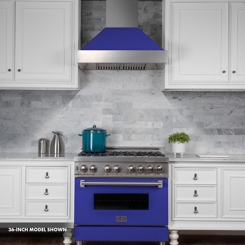 ZLINE 30 in. 4.0 cu. ft. Legacy Dual Fuel Range with 4 Burner Gas Cooktop and Electric Convection Oven in Satin Stainless Steel and Blue Matte Door (RAS-BM-30)