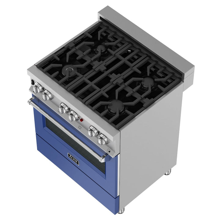ZLINE 30 in. 4.0 cu. ft. Legacy Dual Fuel Range with 4 Burner Gas Cooktop and Electric Convection Oven in Satin Stainless Steel and Blue Matte Door (RAS-BM-30)