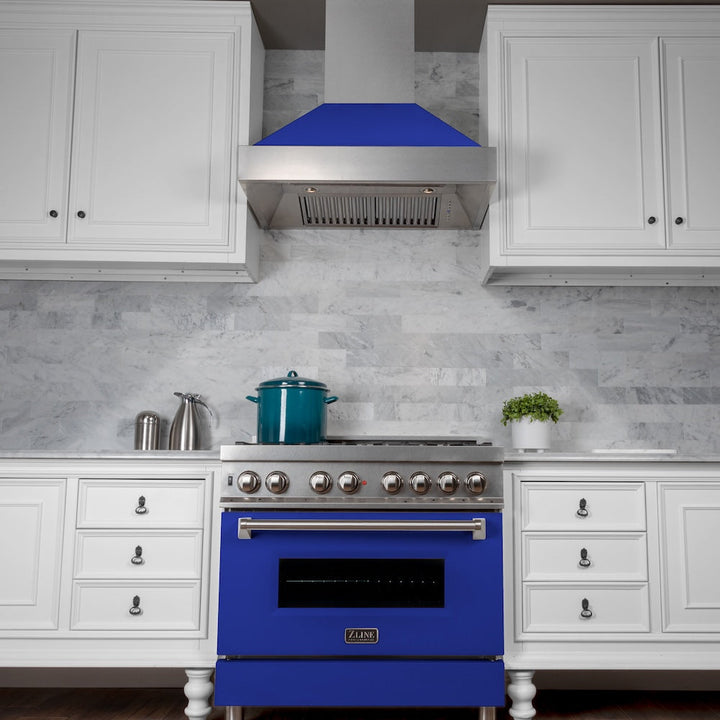 ZLINE 30 in. 4.0 cu. ft. Legacy Dual Fuel Range with 4 Burner Gas Cooktop and Electric Convection Oven in Satin Stainless Steel and Blue Matte Door (RAS-BM-30)