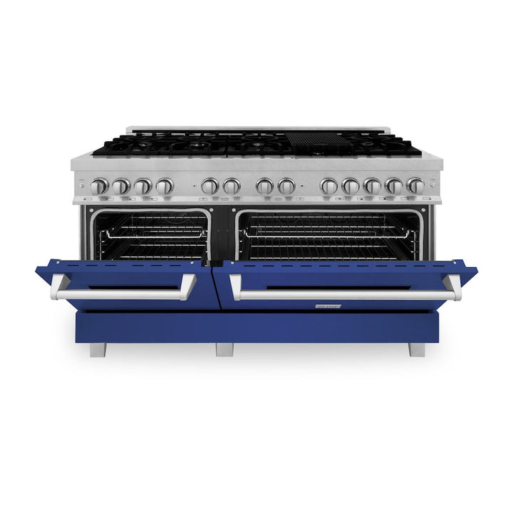 ZLINE 60 in. 7.4 cu. ft. Legacy Dual Fuel Range with 9 Burner Gas Cooktop and 2 Electric Convection Ovens in Satin Stainless Steel and Blue Matte Doors (RAS-BM-60)